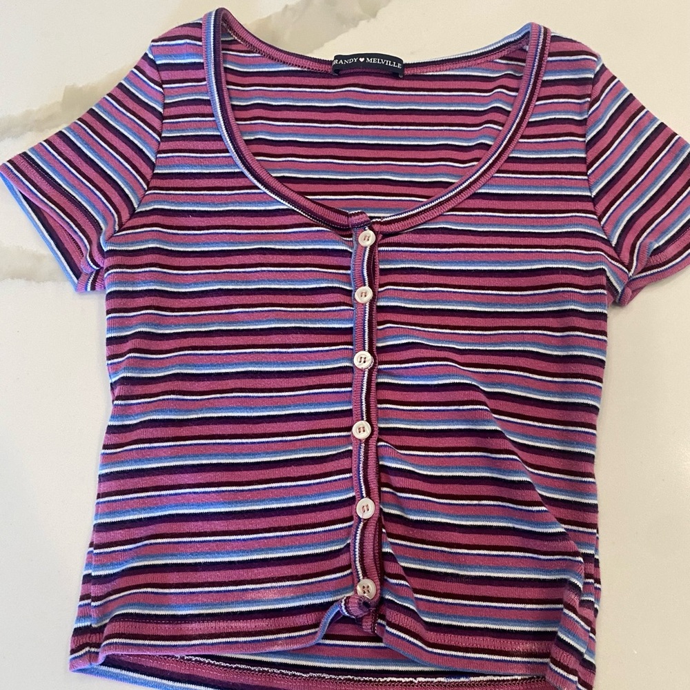 Brandy Melville short sleeve pink and purple striped button down one size
